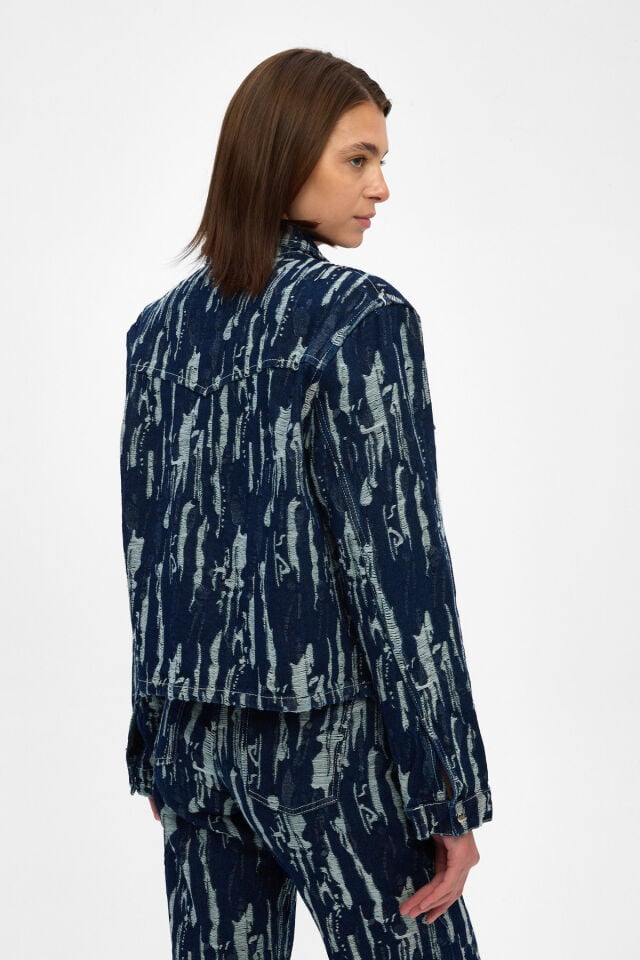 Jakarlı Kadın Denim Ceket İndigo
