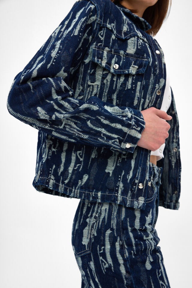 Jakarlı Kadın Denim Ceket İndigo