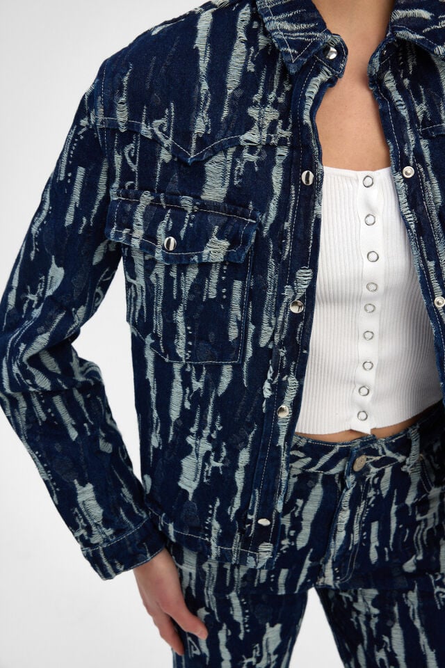 Jakarlı Kadın Denim Ceket İndigo