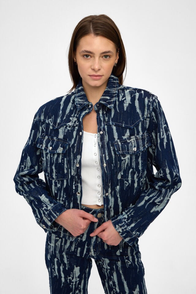 Jakarlı Kadın Denim Ceket İndigo