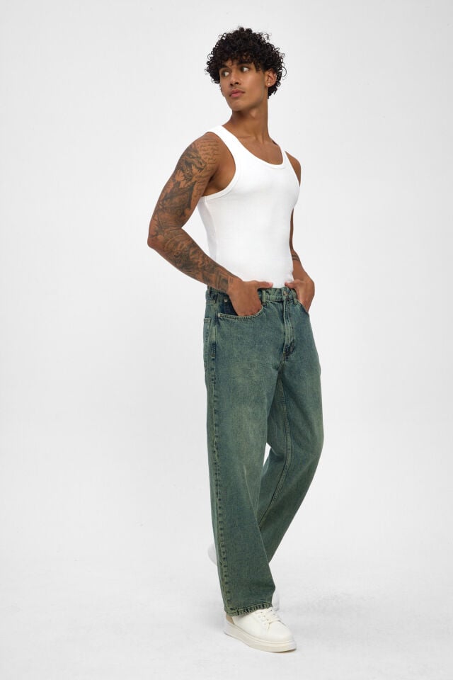 Yeşil Tintli Loose Fit Erkek Pantolon