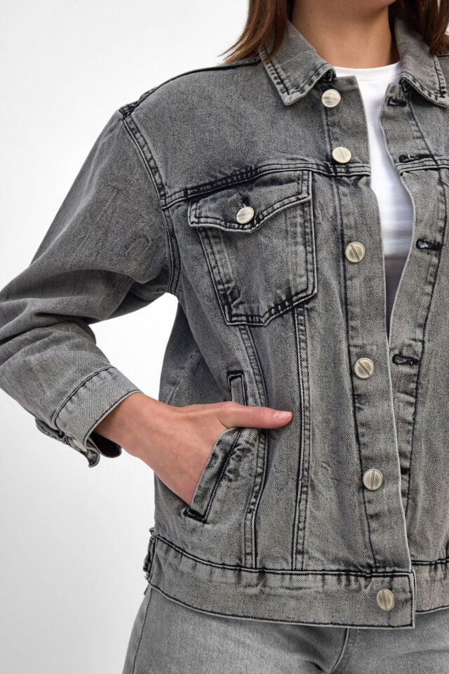 Antrasit Denim Ceket Bağlama Efektli Oversize Rahat Kalıp