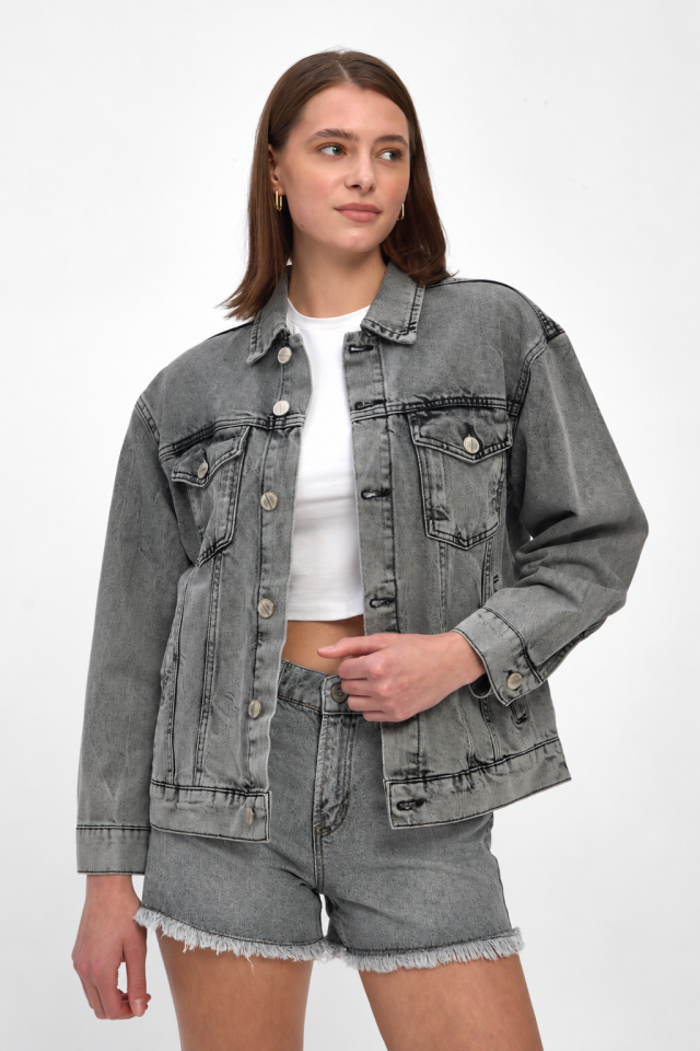 Antrasit Denim Ceket Bağlama Efektli Oversize Rahat Kalıp
