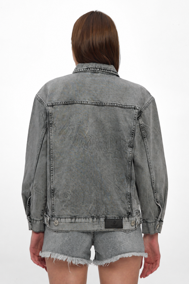 Antrasit Denim Ceket Bağlama Efektli Oversize Rahat Kalıp