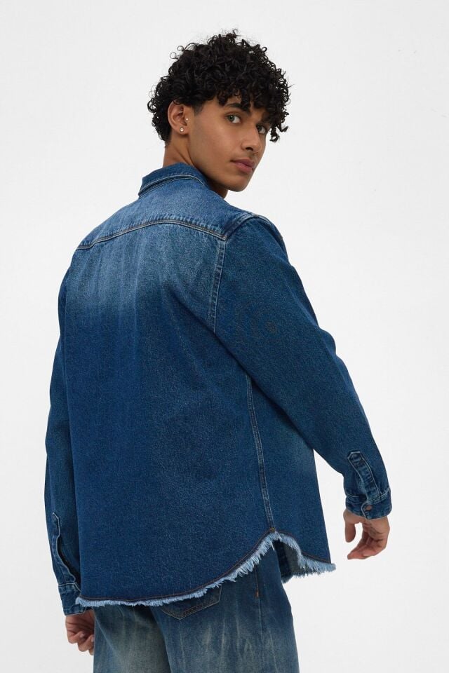 Erkek Denim Gömlek Ceket İndigo Yıkamalı