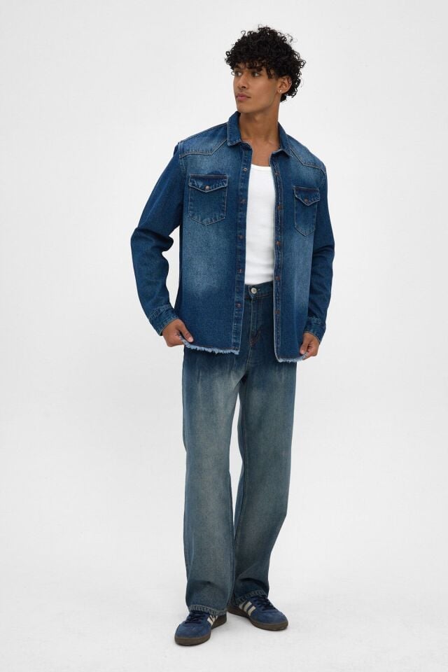 Erkek Denim Gömlek Ceket İndigo Yıkamalı