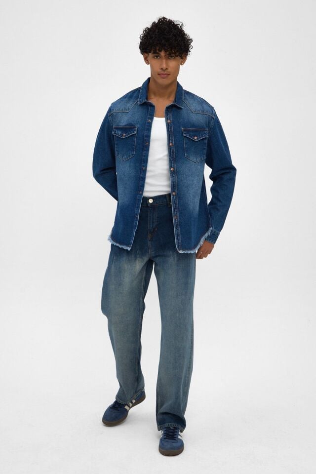 Erkek Denim Gömlek Ceket İndigo Yıkamalı