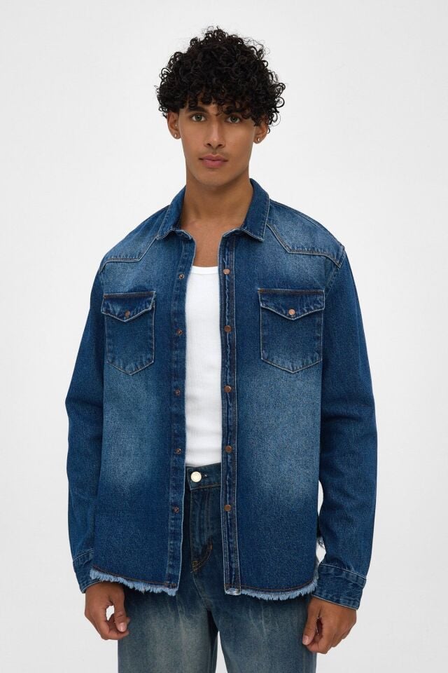 Erkek Denim Gömlek Ceket İndigo Yıkamalı