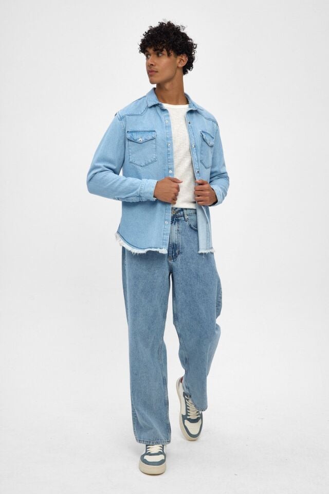 Açık Mavi Erkek Denim Gömlek Ceket