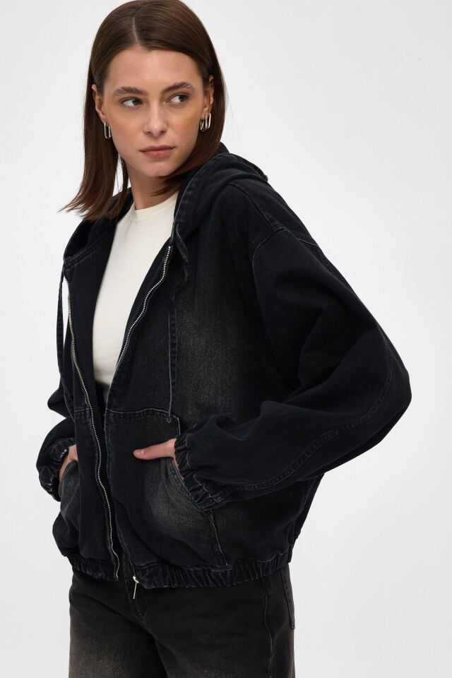Siyah Kadın Denim Hoodie