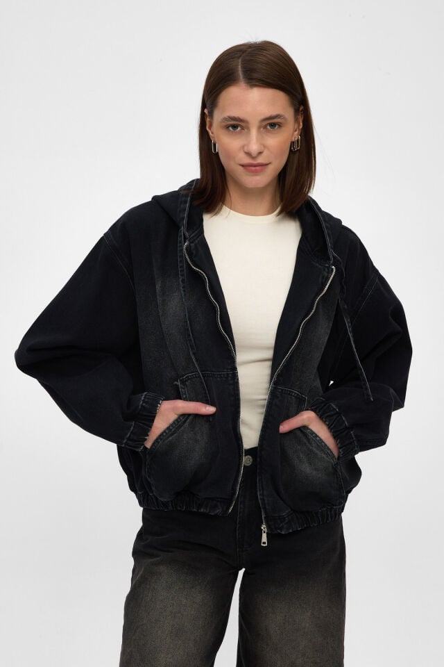 Siyah Kadın Denim Hoodie