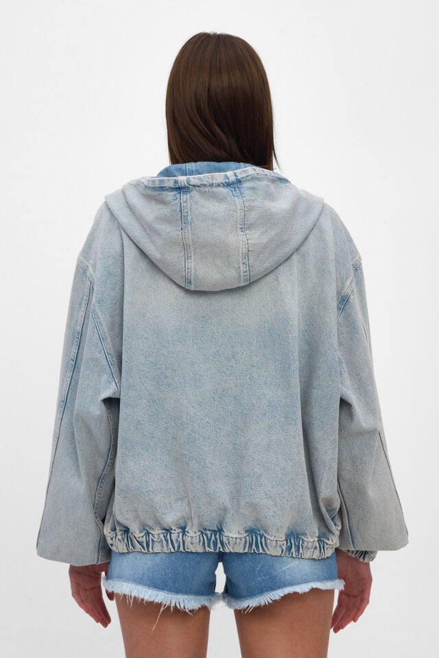 Mavi Kar Yıkamalı Kadın Denim Hoodie