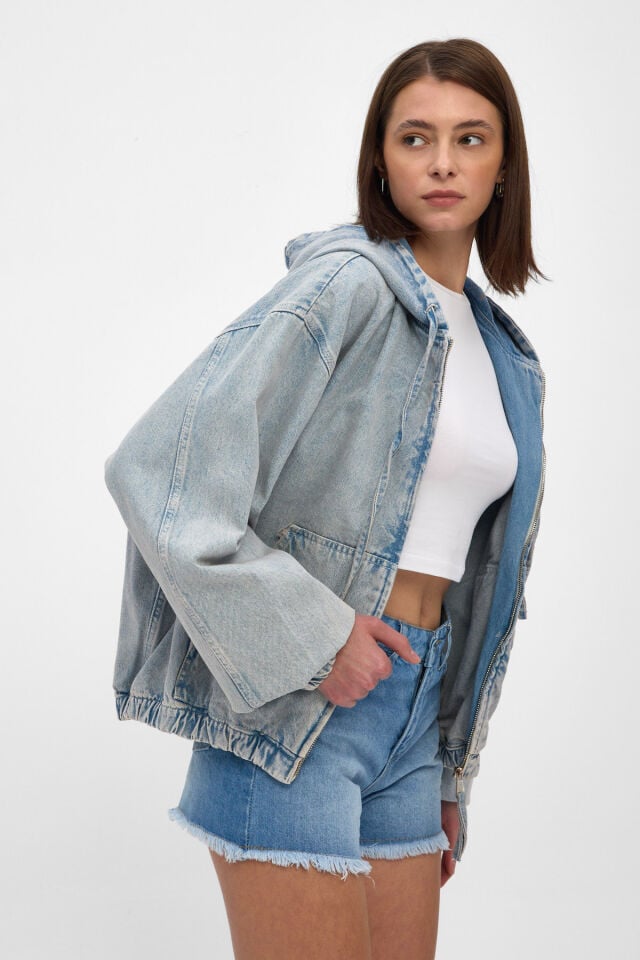 Mavi Kar Yıkamalı Kadın Denim Hoodie