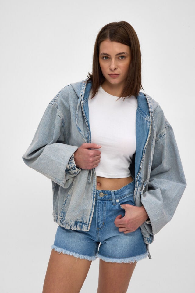 Mavi Kar Yıkamalı Kadın Denim Hoodie