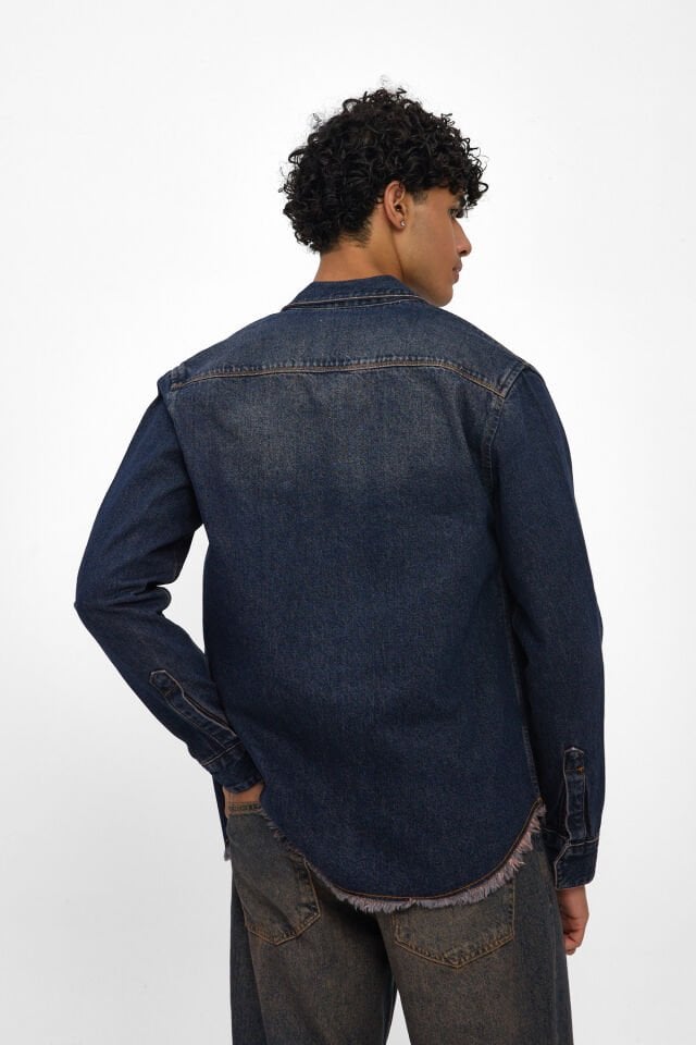 Signature Indigo Püskül Detaylı Erkek Denim Gömlek