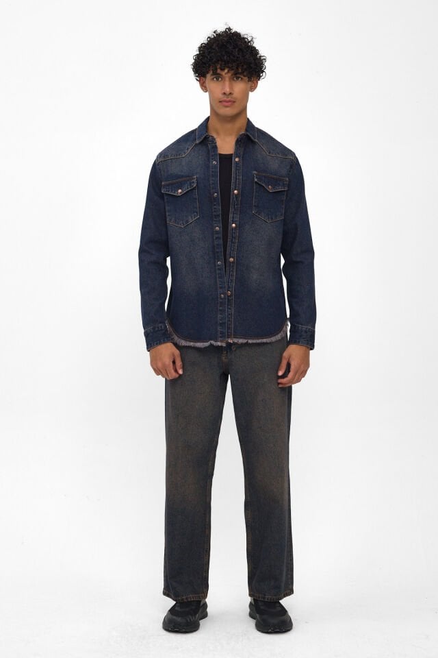 Signature Indigo Püskül Detaylı Erkek Denim Gömlek