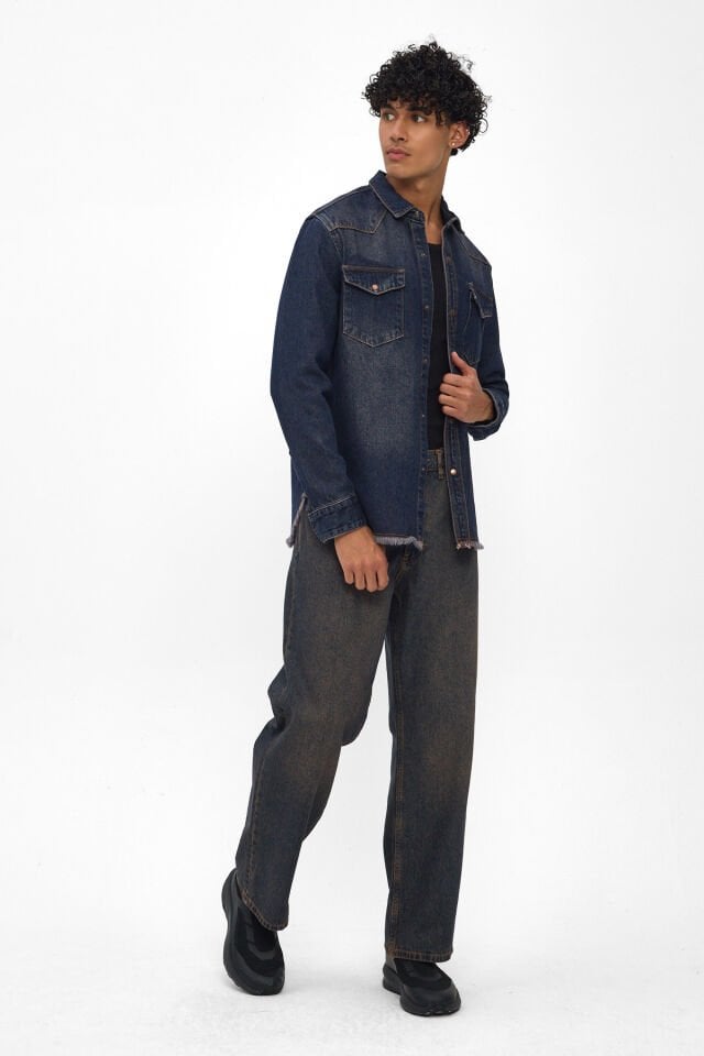 Signature Indigo Püskül Detaylı Erkek Denim Gömlek