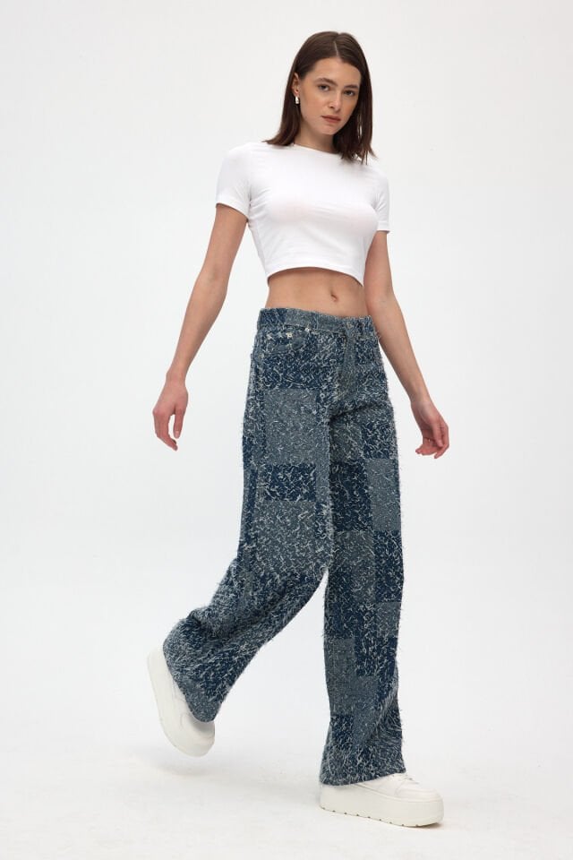 Signature Indigo Saçaklı Dokulu Bol Paça Kadın Denim Pantolon