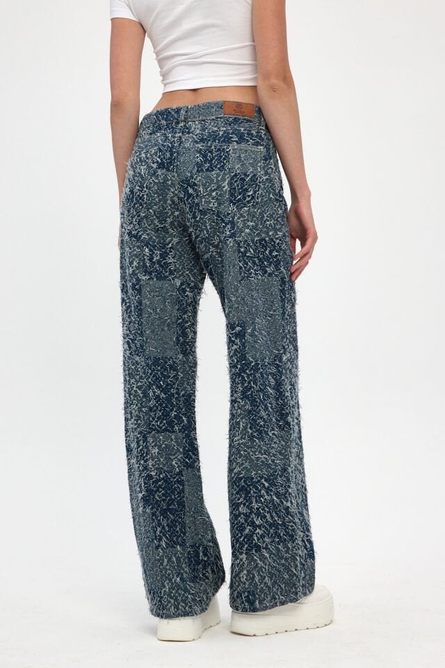 Signature Indigo Saçaklı Dokulu Bol Paça Kadın Denim Pantolon