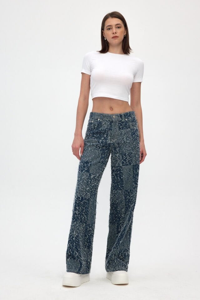 Signature Indigo Saçaklı Dokulu Bol Paça Kadın Denim Pantolon