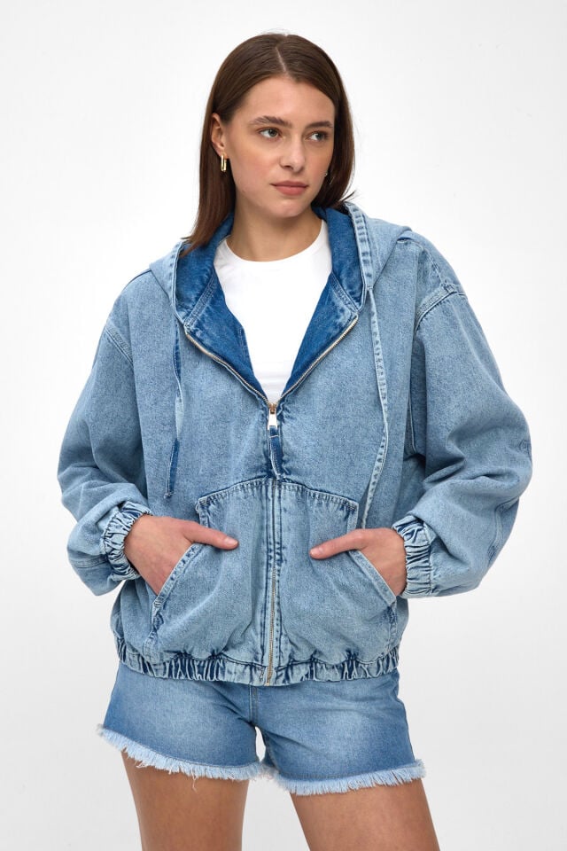 Light Blue Kadın Denim Hoodie