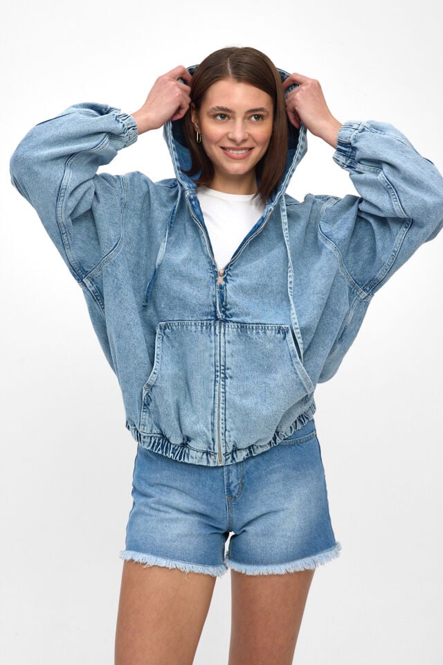 Light Blue Kadın Denim Hoodie
