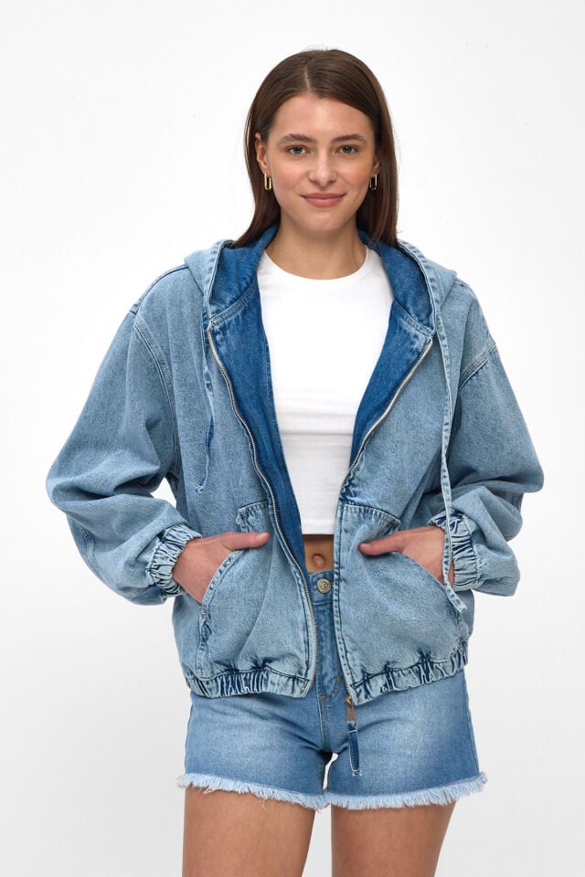 Light Blue Kadın Denim Hoodie