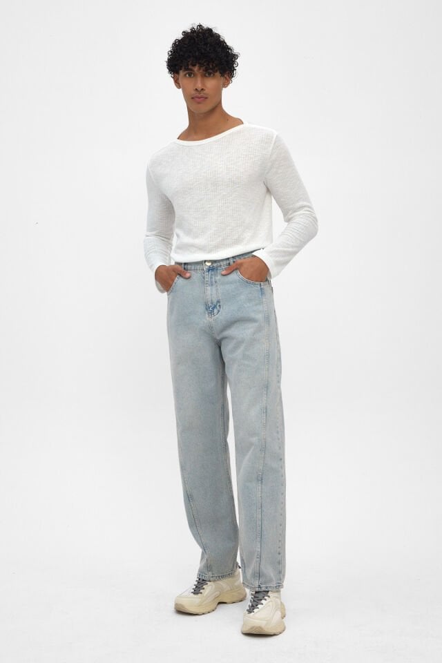 Erkek Baggy Jean Pantolon Açık Mavi Kar Yıkamalı Rahat Kalıp