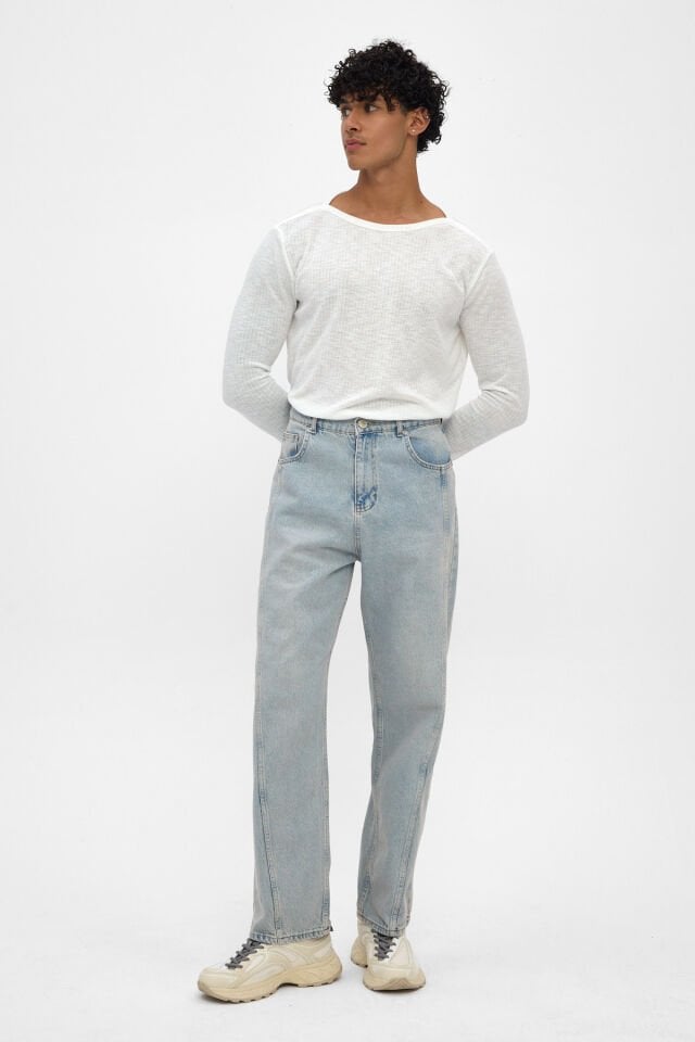 Erkek Baggy Jean Pantolon Açık Mavi Kar Yıkamalı Rahat Kalıp