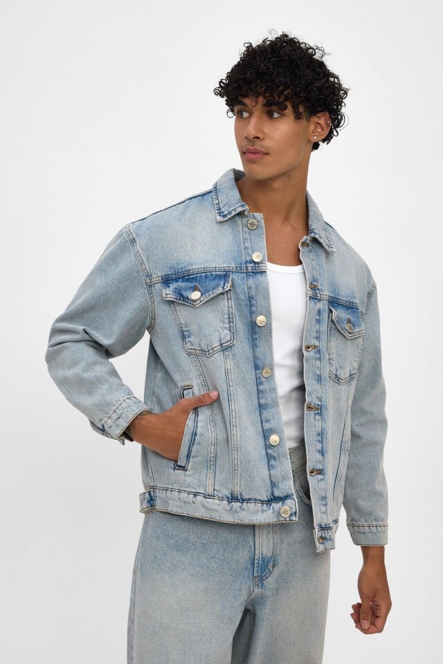 Erkek Kot Ceket Açık Mavi Kar Yıkamalı Oversize Denim Ceket