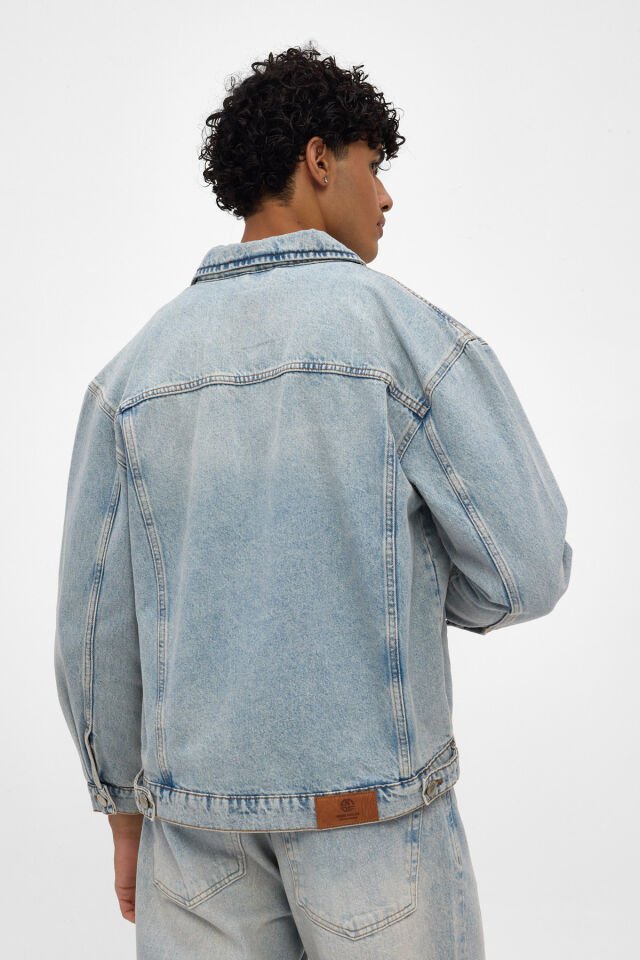 Erkek Kot Ceket Açık Mavi Kar Yıkamalı Oversize Denim Ceket