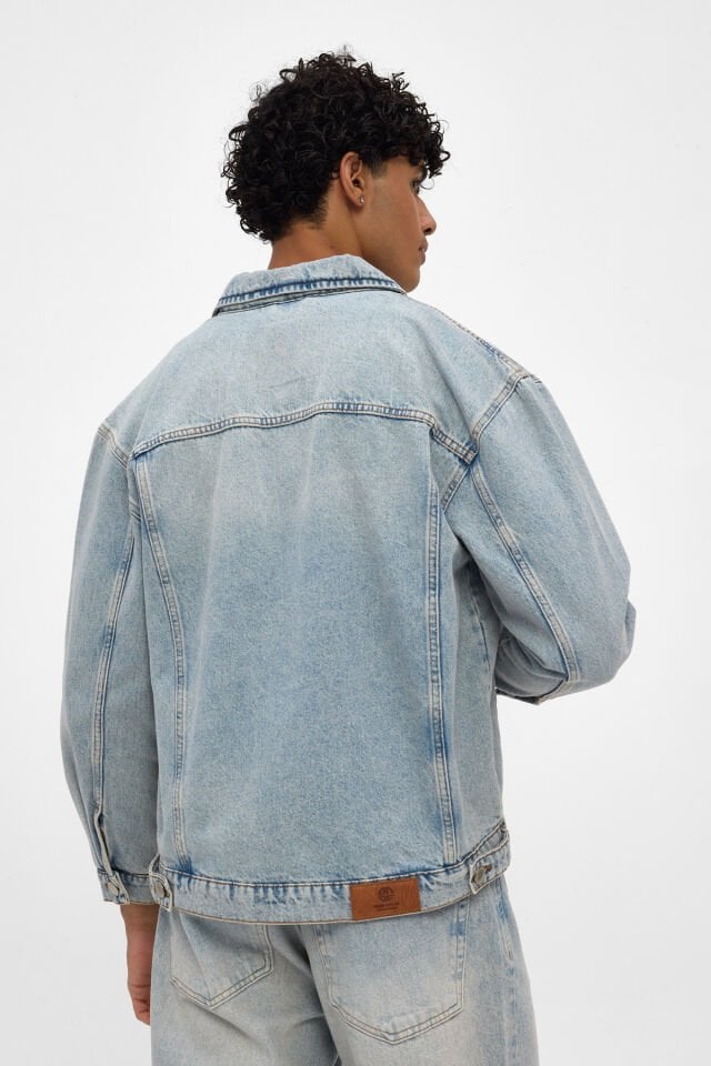 Erkek Kot Ceket Açık Mavi Kar Yıkamalı Oversize Denim Ceket