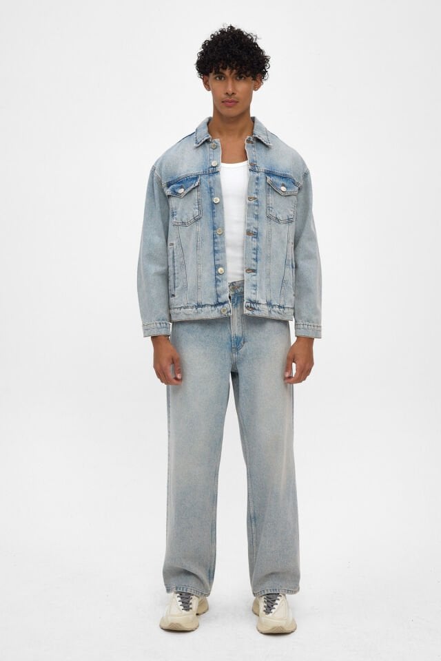 Erkek Kot Ceket Açık Mavi Kar Yıkamalı Oversize Denim Ceket
