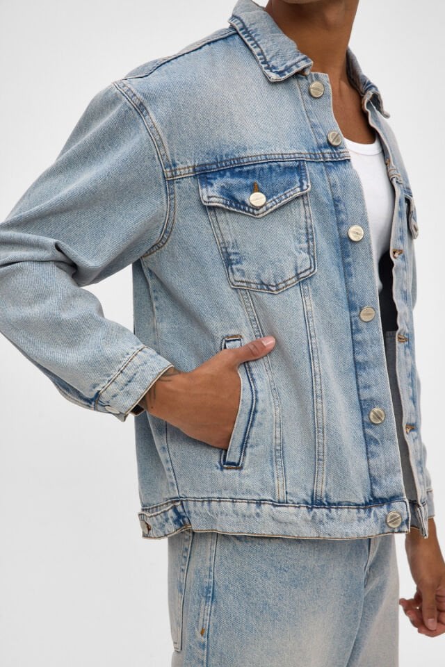 Erkek Kot Ceket Açık Mavi Kar Yıkamalı Oversize Denim Ceket