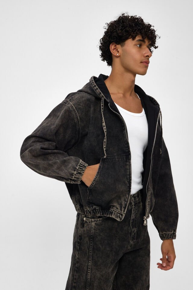 Kapüşonlu Erkek Kot Ceket Siyah Asit Yıkama Fermuarlı Denim Ceket