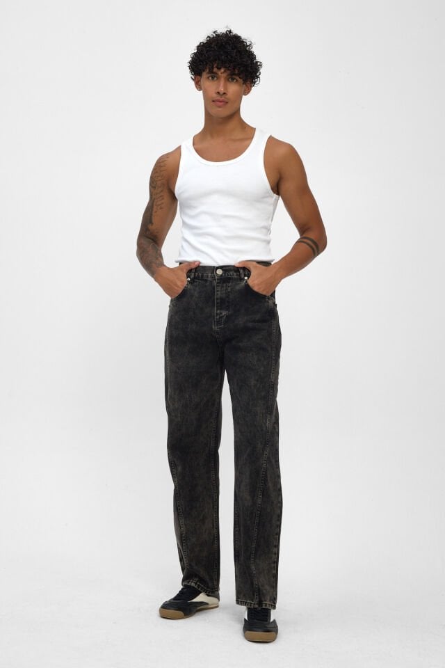 Erkek Baggy Jean Pantolon Siyah Asit Yıkamalı Bol Kalıp