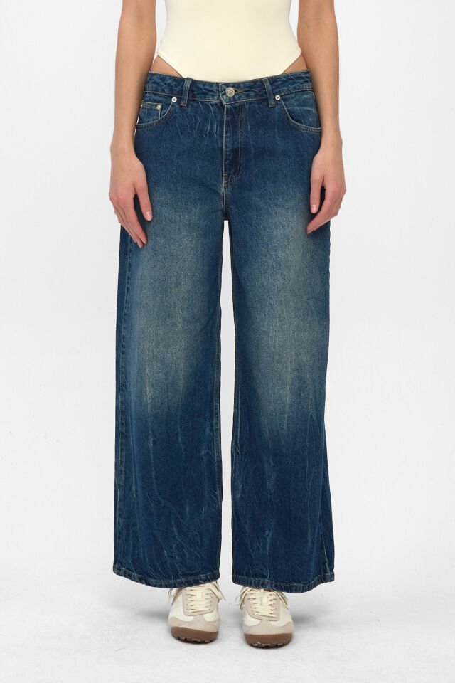 Kadın Baggy Jean Pantolon Koyu Mavi Bağlama Efektli Rahat Kalıp