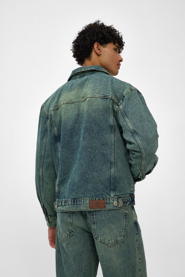 Erkek Kot Ceket Yeşil Tintli Vintage Yıkamalı Oversize Denim Ceket