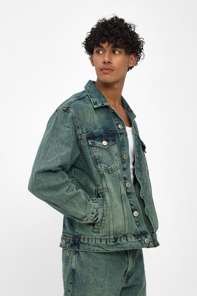 Erkek Kot Ceket Yeşil Tintli Vintage Yıkamalı Oversize Denim Ceket