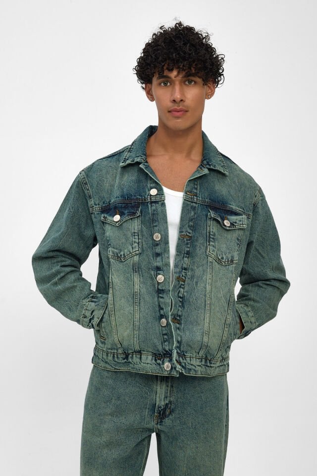 Erkek Kot Ceket Yeşil Tintli Vintage Yıkamalı Oversize Denim Ceket