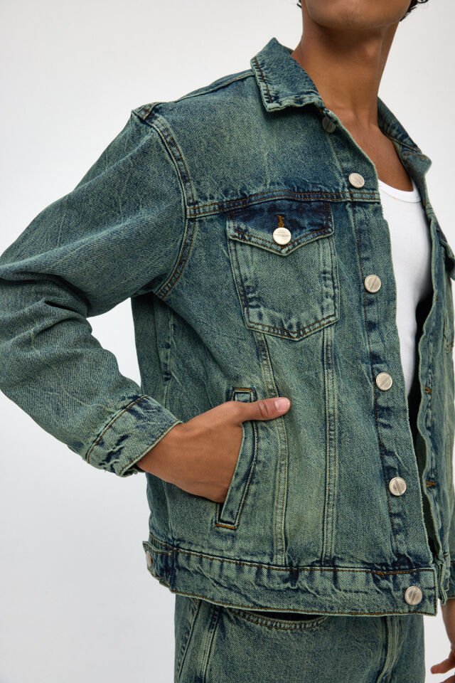 Erkek Kot Ceket Yeşil Tintli Vintage Yıkamalı Oversize Denim Ceket