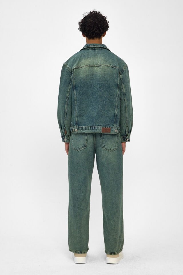 Erkek Kot Takım Yeşil Tintli Denim Ceket Loose Fit Pantolon