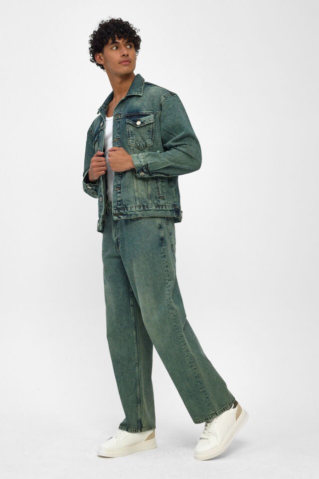 Erkek Kot Takım Yeşil Tintli Denim Ceket Loose Fit Pantolon