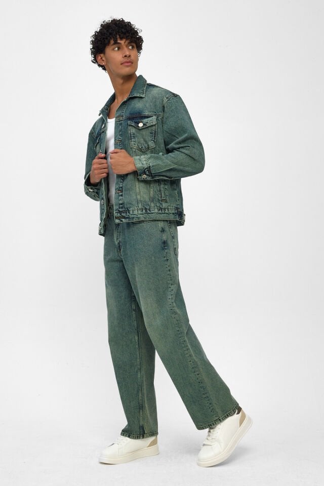 Erkek Kot Takım Yeşil Tintli Denim Ceket Loose Fit Pantolon
