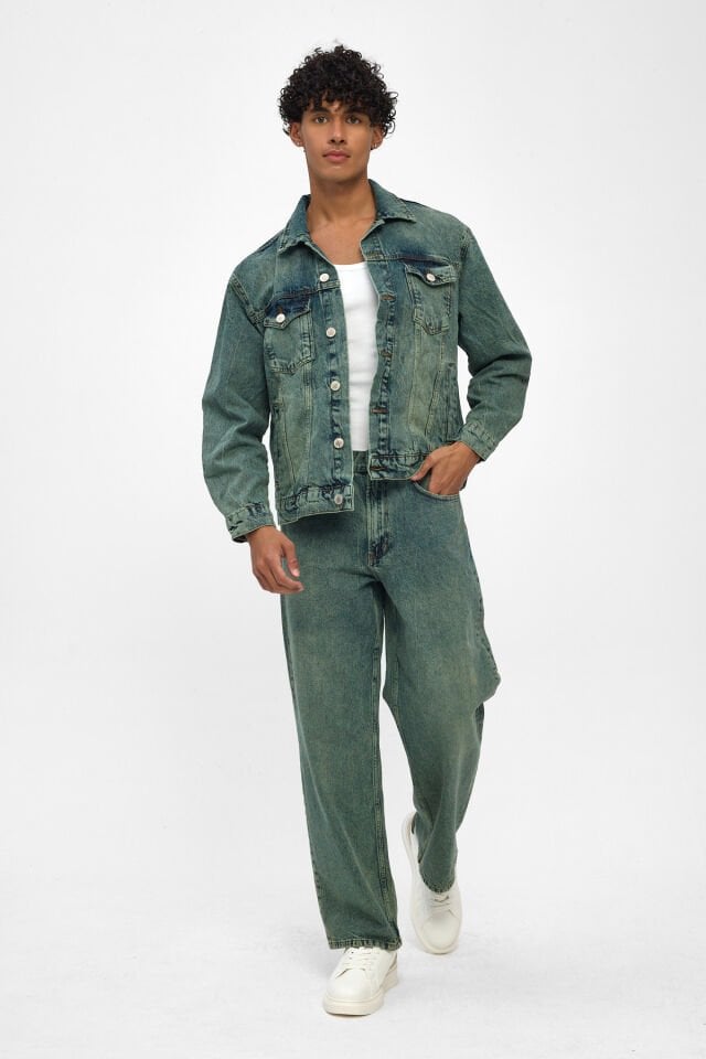 Erkek Kot Takım Yeşil Tintli Denim Ceket Loose Fit Pantolon