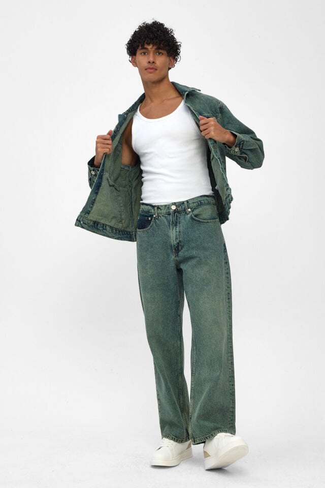 Erkek Kot Takım Yeşil Tintli Denim Ceket Loose Fit Pantolon