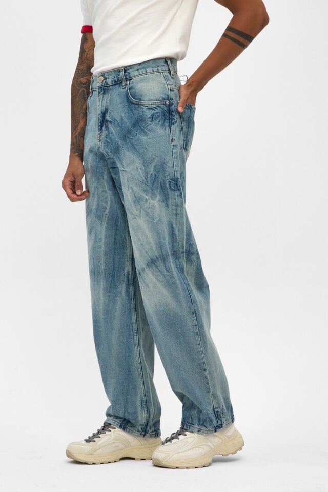 Erkek Baggy Jean Pantolon Açık Mavi Bağlama Efektli Rahat Kalıp
