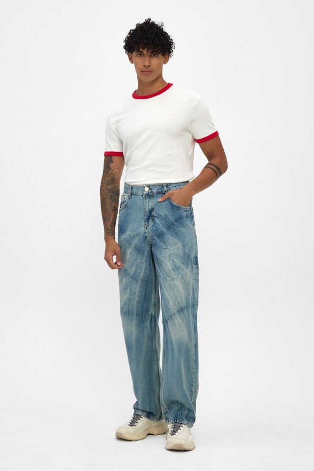 Erkek Baggy Jean Pantolon Açık Mavi Bağlama Efektli Rahat Kalıp