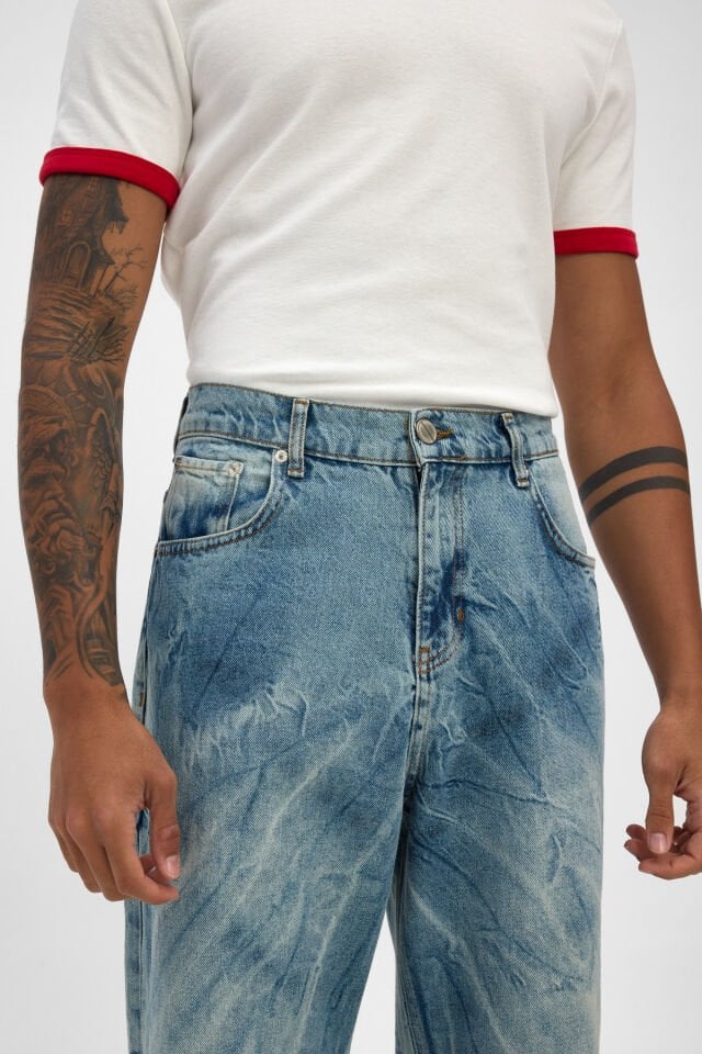 Erkek Baggy Jean Pantolon Açık Mavi Bağlama Efektli Rahat Kalıp