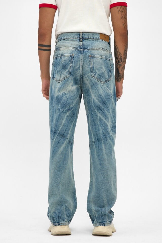 Erkek Baggy Jean Pantolon Açık Mavi Bağlama Efektli Rahat Kalıp